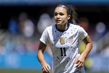 Jul 9, 2023; San Jose, California, USA;  United States of America forward Sophia Smith (11) chases the ball against Wales  the second half at PayPal Park. Mandatory Credit: John Hefti-USA TODAY Sports