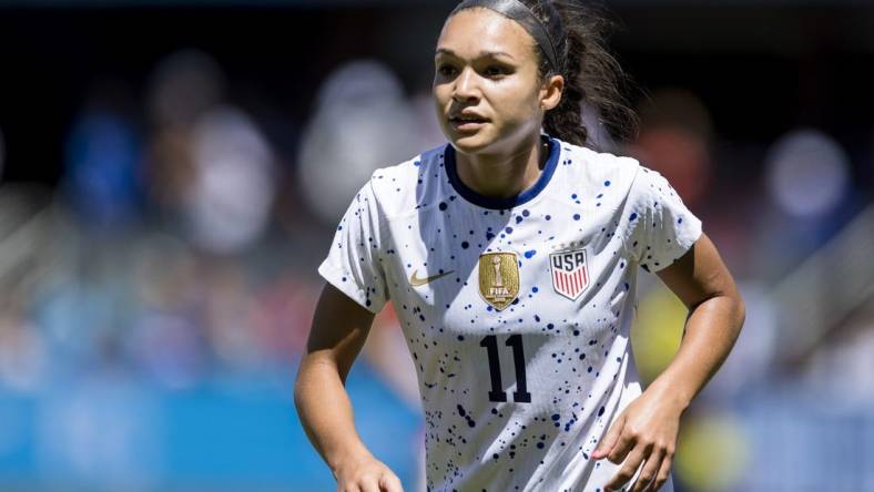 Jul 9, 2023; San Jose, California, USA;  United States of America forward Sophia Smith (11) chases the ball against Wales  the second half at PayPal Park. Mandatory Credit: John Hefti-USA TODAY Sports