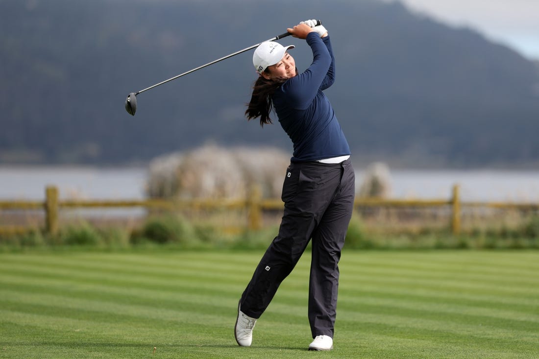 Jul 9, 2023; Pebble Beach, California, USA; Allisen Corpuz tees off on the eighteenth hole during the final round of the U.S. Women's Open golf tournament at Pebble Beach Golf Link. Mandatory Credit: Kiyoshi Mio-USA TODAY Sports