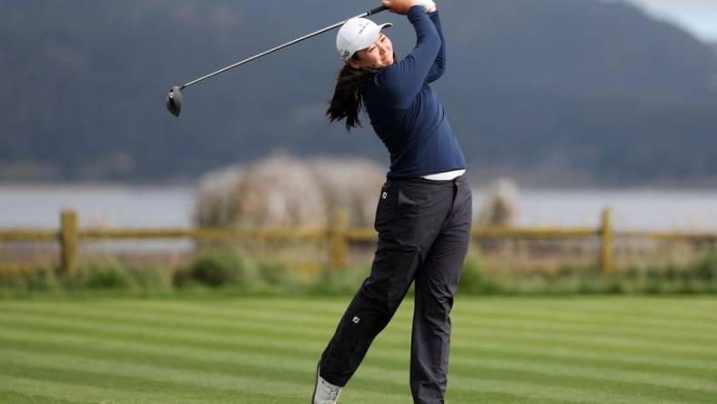 Jul 9, 2023; Pebble Beach, California, USA; Allisen Corpuz tees off on the eighteenth hole during the final round of the U.S. Women's Open golf tournament at Pebble Beach Golf Link. Mandatory Credit: Kiyoshi Mio-USA TODAY Sports