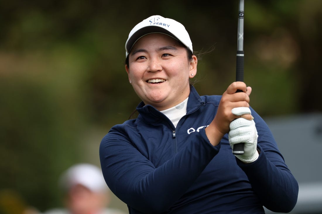 Jul 9, 2023; Pebble Beach, California, USA; Allisen Corpuz tees off on the fifteenth hole during the final round of the U.S. Women's Open golf tournament at Pebble Beach Golf Link. Mandatory Credit: Kiyoshi Mio-USA TODAY Sports