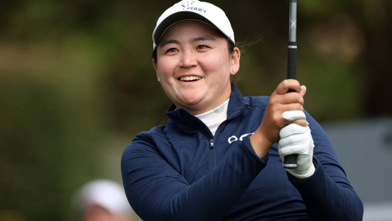 Jul 9, 2023; Pebble Beach, California, USA; Allisen Corpuz tees off on the fifteenth hole during the final round of the U.S. Women's Open golf tournament at Pebble Beach Golf Link. Mandatory Credit: Kiyoshi Mio-USA TODAY Sports