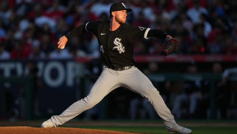 Jun 27, 2023; Anaheim, California, USA; Chicago White Sox starting pitcher Michael Kopech (34) throws in the third inning against the Los Angeles Angels at Angel Stadium. Mandatory Credit: Kirby Lee-USA TODAY Sports