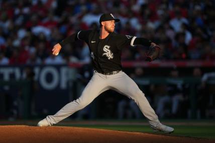 Jun 27, 2023; Anaheim, California, USA; Chicago White Sox starting pitcher Michael Kopech (34) throws in the third inning against the Los Angeles Angels at Angel Stadium. Mandatory Credit: Kirby Lee-USA TODAY Sports