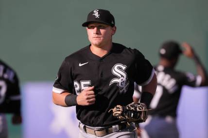Jun 30, 2023; Oakland, California, USA; Chicago White Sox first baseman Andrew Vaughn (25) jogs on the field before the game against the Oakland Athletics at Oakland-Alameda County Coliseum. Mandatory Credit: Darren Yamashita-USA TODAY Sports