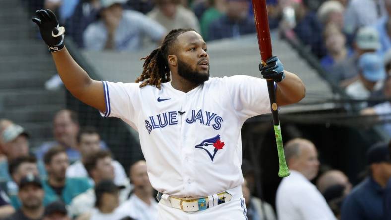 Jul 10, 2023; Seattle, Washington, USA; Toronto Blue Jays first baseman Vladimir Guerrero Jr. (27) during the semifinals of the All-Star Home Run Derby at T-Mobile Park.  Mandatory Credit: Joe Nicholson-USA TODAY Sports