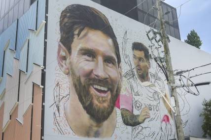Jul 11, 2023; Miami, FL, USA; A mural of Argentine soccer player Lionel Messi by artist Maxi Bagnasco is seen in the Miami neighborhood of Wynwood as Messi is set to be presented as an Inter Miami CF player later this week Mandatory Credit: Sam Navarro-USA TODAY Sports