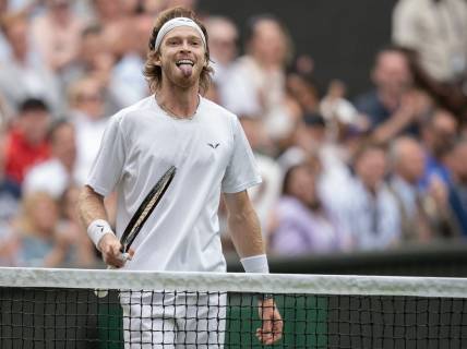 Jul 11, 2023; London, United Kingdom; Andrey Rublev reacts to a point during his match against Novak Djokovic (SRB) on day nine at the All England Lawn Tennis and Croquet Club. Mandatory Credit: Susan Mullane-USA TODAY Sports