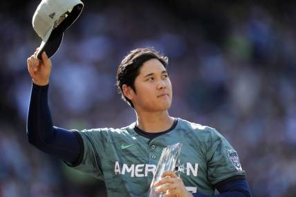 Jul 11, 2023; Seattle, Washington, USA; American League designated hitter/pitcher  Shohei Ohtani  of the Los Angeles Angels of Anaheim (17) reacts during the second inning at T-Mobile Park. Mandatory Credit: Stephen Brashear-USA TODAY Sports