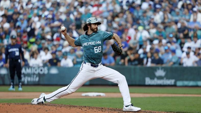 Jul 11, 2023; Seattle, Washington, USA; American League pitcher Jordan Romano of the Toronto Blue Jays (68) pitches against the National League during the seventh inning of the 2023 MLB All Star Game at T-Mobile Park. Mandatory Credit: Joe Nicholson-USA TODAY Sports