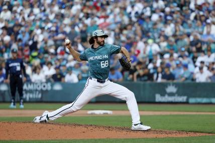 Jul 11, 2023; Seattle, Washington, USA; American League pitcher Jordan Romano of the Toronto Blue Jays (68) pitches against the National League during the seventh inning of the 2023 MLB All Star Game at T-Mobile Park. Mandatory Credit: Joe Nicholson-USA TODAY Sports