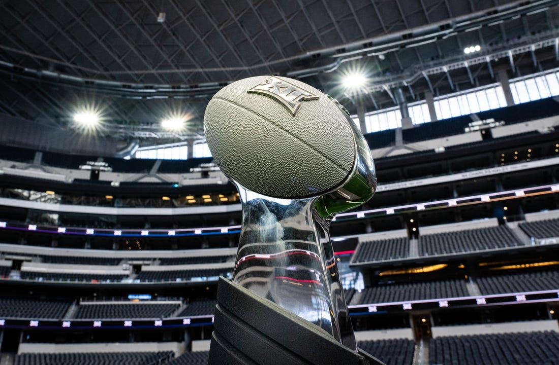 July 12, 2023; Arlington, TX, USA; The Big 12 Championship Trophy on display during the first day of Big 12 Media Days in AT&T Stadium in Arlington, Texas, July 12, 2023.  Mandatory Credit: Sara Diggins-USA TODAY Sports