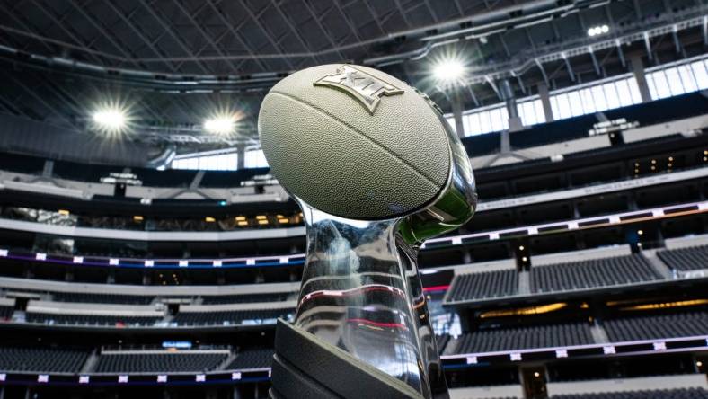 July 12, 2023; Arlington, TX, USA; The Big 12 Championship Trophy on display during the first day of Big 12 Media Days in AT&T Stadium in Arlington, Texas, July 12, 2023.  Mandatory Credit: Sara Diggins-USA TODAY Sports