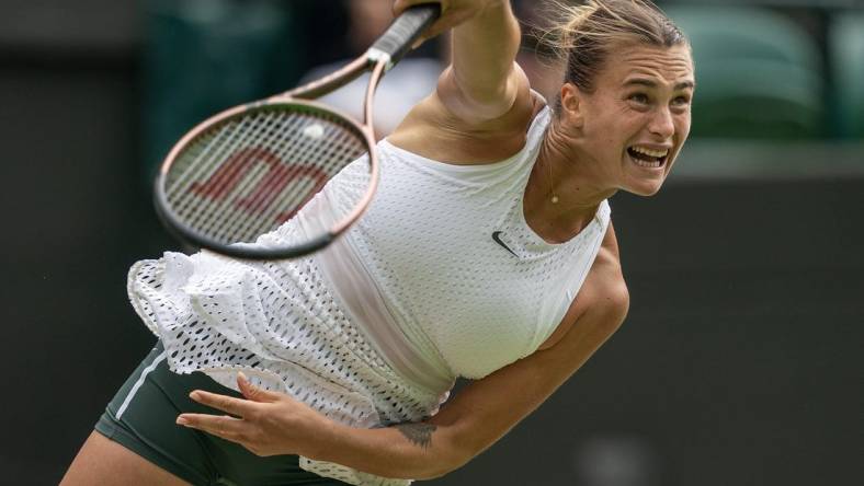 Jul 12, 2023; London, United Kingdom; Aryna Sabalenka serves during her match against Madison Keys (USA) on day ten of Wimbledon at the All England Lawn Tennis and Croquet Club.  Mandatory Credit: Susan Mullane-USA TODAY Sports