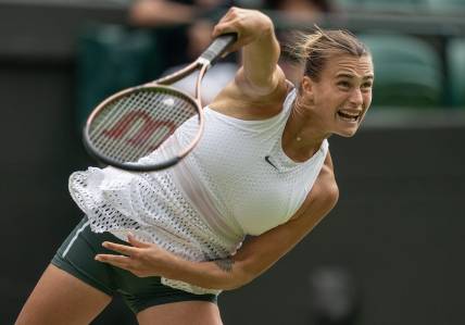 Jul 12, 2023; London, United Kingdom; Aryna Sabalenka serves during her match against Madison Keys (USA) on day ten of Wimbledon at the All England Lawn Tennis and Croquet Club.  Mandatory Credit: Susan Mullane-USA TODAY Sports