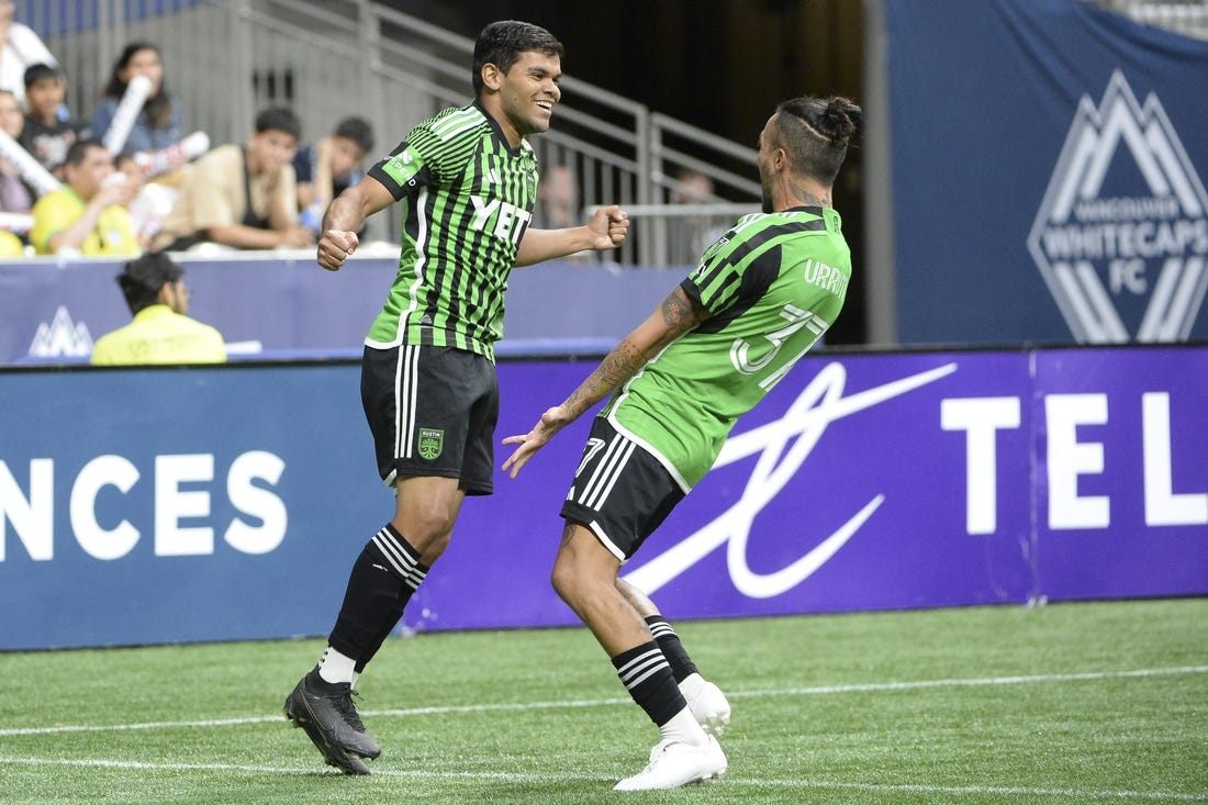 Jul 12, 2023; Vancouver, British Columbia, CAN;  Austin FC forward Rodney Redes (11) celebrates his goal against Vancouver Whitecaps FC goalkeeper Yohei Takaoka (18)(not pictured) during the second half at BC Place. Mandatory Credit: Anne-Marie Sorvin-USA TODAY Sports