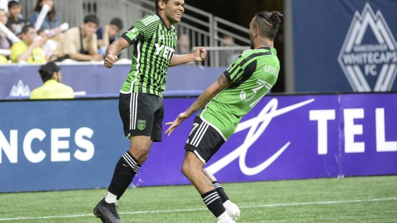 Jul 12, 2023; Vancouver, British Columbia, CAN;  Austin FC forward Rodney Redes (11) celebrates his goal against Vancouver Whitecaps FC goalkeeper Yohei Takaoka (18)(not pictured) during the second half at BC Place. Mandatory Credit: Anne-Marie Sorvin-USA TODAY Sports