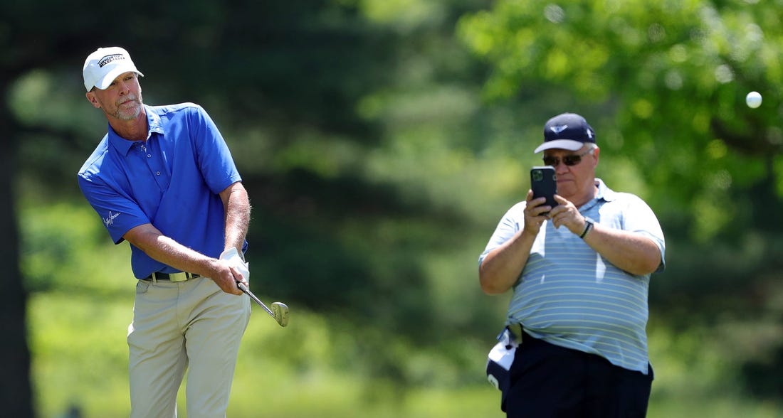 Steve Stricker watches his shot to the No. 4 pin during the second round of the 2023 Kaulig Companies Championship at Firestone Country Club, Friday, July 14, 2023, in Akron, Ohio.