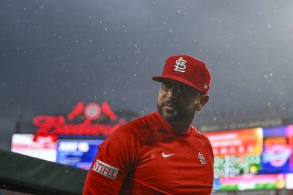 Jul 14, 2023; St. Louis, Missouri, USA;  St. Louis Cardinals manager Oliver Marmol (37) leaves the dugout after a rain delay was announced during the third inning against the Washington Nationals at Busch Stadium. Mandatory Credit: Jeff Curry-USA TODAY Sports