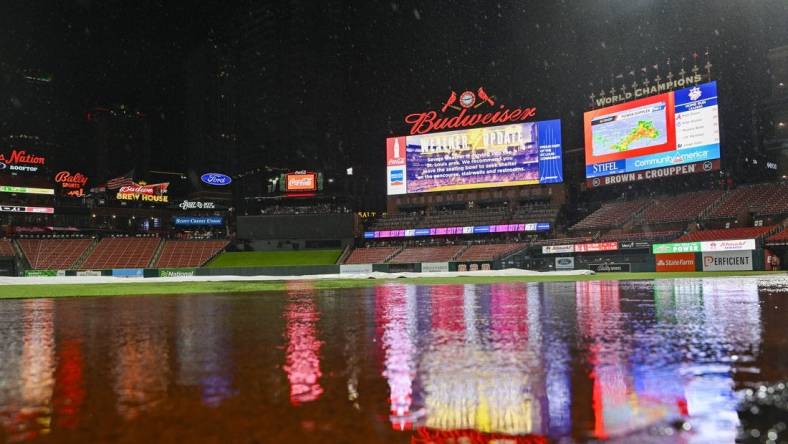 Jul 14, 2023; St. Louis, Missouri, USA;  A general view of the Busch Stadium scoreboard during a rain delayed game between the St. Louis Cardinals and the Washington Nationals. Mandatory Credit: Jeff Curry-USA TODAY Sports