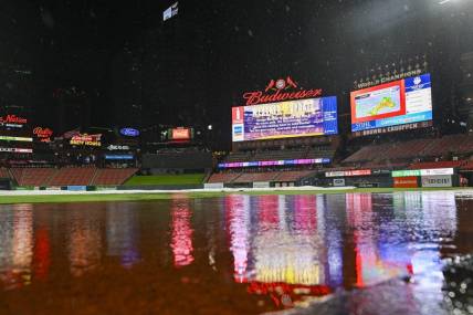 Jul 14, 2023; St. Louis, Missouri, USA;  A general view of the Busch Stadium scoreboard during a rain delayed game between the St. Louis Cardinals and the Washington Nationals. Mandatory Credit: Jeff Curry-USA TODAY Sports