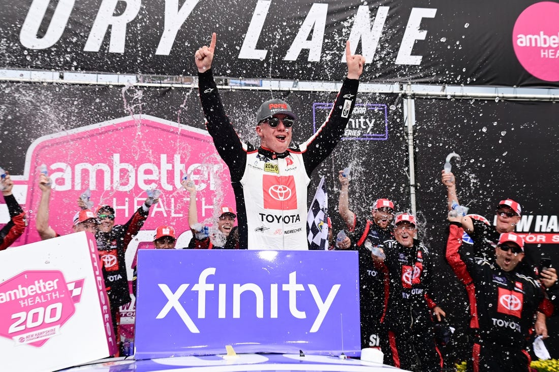 Jul 15, 2023; Loudon, New Hampshire, USA; NASCAR Xfinity Series driver John Hunter Nemechek (20) celebrates winning the Ambetter 200 at New Hampshire Motor Speedway. Mandatory Credit: Eric Canha-USA TODAY Sports