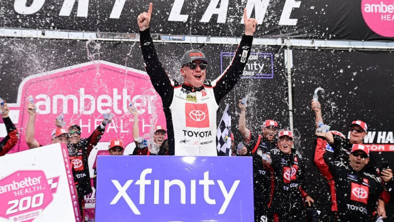 Jul 15, 2023; Loudon, New Hampshire, USA; NASCAR Xfinity Series driver John Hunter Nemechek (20) celebrates winning the Ambetter 200 at New Hampshire Motor Speedway. Mandatory Credit: Eric Canha-USA TODAY Sports