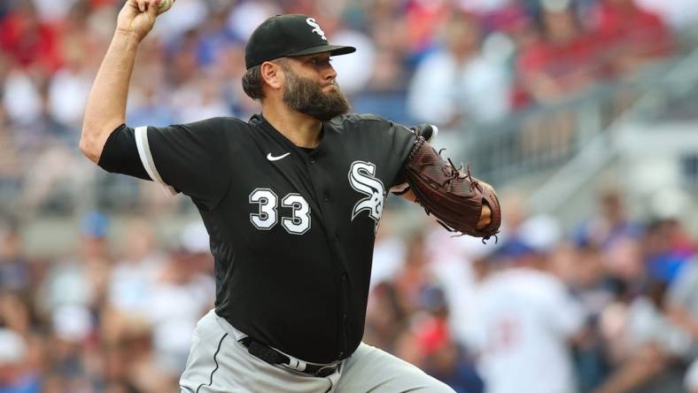 Jul 15, 2023; Atlanta, Georgia, USA; Chicago White Sox starting pitcher Lance Lynn (33) throws against the Atlanta Braves in the second inning at Truist Park. Mandatory Credit: Brett Davis-USA TODAY Sports