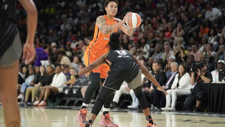 Jul 15, 2023; Las Vegas, NV, USA; Team Stewart frontcourt Brittney Griner (42) controls the ball against Team Wilson guard Chelsea Gray (12) during the first half in the 2023 WNBA All-Star Game at Michelob Ultra Arena. Mandatory Credit: Lucas Peltier-USA TODAY Sports