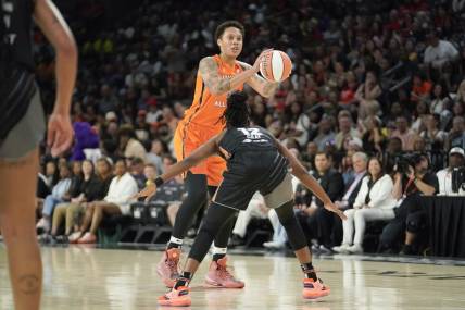 Jul 15, 2023; Las Vegas, NV, USA; Team Stewart frontcourt Brittney Griner (42) controls the ball against Team Wilson guard Chelsea Gray (12) during the first half in the 2023 WNBA All-Star Game at Michelob Ultra Arena. Mandatory Credit: Lucas Peltier-USA TODAY Sports