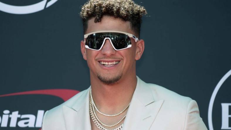 Jul 12, 2023; Los Angeles, CA, USA; Kansas City Chiefs quarterback Patrick Mahomes arrives on the red carpet before the 2023 ESPYS at the Dolby Theatre. Mandatory Credit: Kirby Lee-USA TODAY Sports