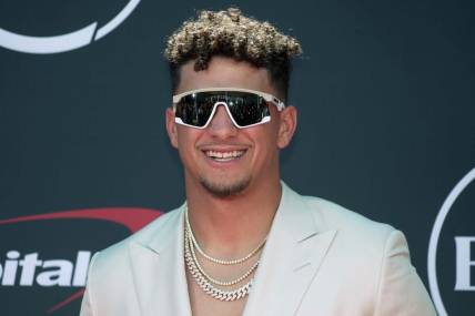 Jul 12, 2023; Los Angeles, CA, USA; Kansas City Chiefs quarterback Patrick Mahomes arrives on the red carpet before the 2023 ESPYS at the Dolby Theatre. Mandatory Credit: Kirby Lee-USA TODAY Sports