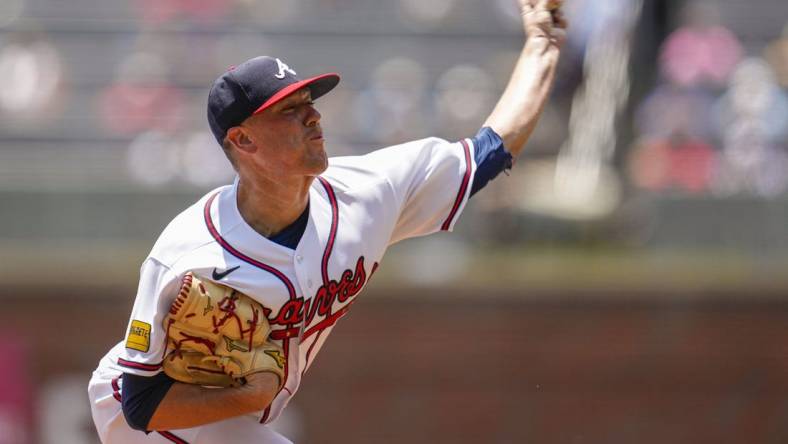 Jul 16, 2023; Cumberland, Georgia, USA; Atlanta Braves starter pitcher Kolby Allard (49) pitches against the Chicago White Sox during the first inning at Truist Park. Mandatory Credit: Dale Zanine-USA TODAY Sports