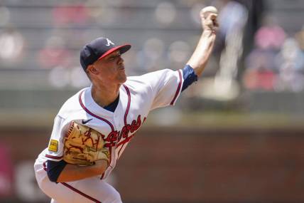 Jul 16, 2023; Cumberland, Georgia, USA; Atlanta Braves starter pitcher Kolby Allard (49) pitches against the Chicago White Sox during the first inning at Truist Park. Mandatory Credit: Dale Zanine-USA TODAY Sports