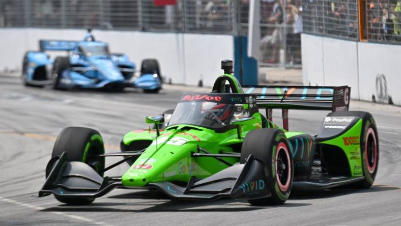 Jul 16, 2023; Toronto, Ontario, CAN;  IndyCar driver Christian Lundgaard leads Scott McLaughlin during the Honda Indy on the Streets of Toronto. Mandatory Credit: Dan Hamilton-USA TODAY Sports