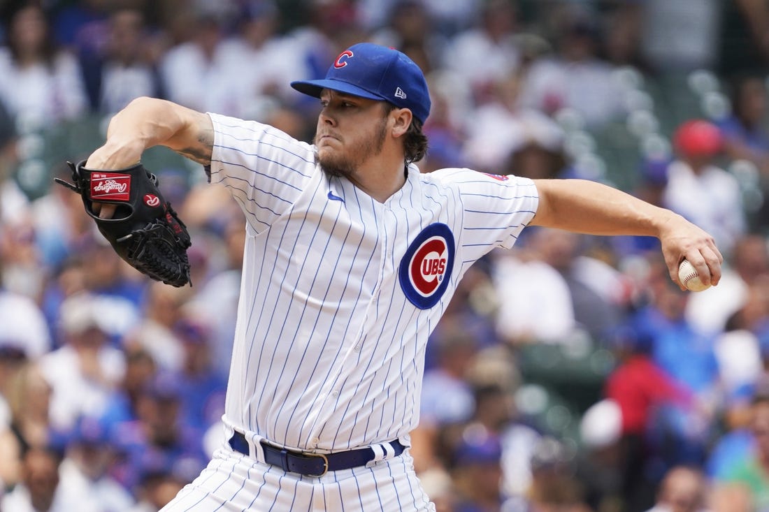 Jul 16, 2023; Chicago, Illinois, USA; Chicago Cubs starting pitcher Justin Steele (35) throws the ball against the Boston Red Sox during the first inning at Wrigley Field. Mandatory Credit: David Banks-USA TODAY Sports