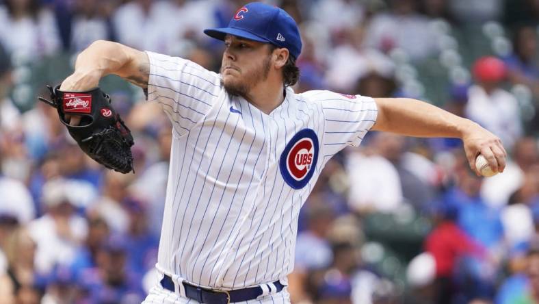 Jul 16, 2023; Chicago, Illinois, USA; Chicago Cubs starting pitcher Justin Steele (35) throws the ball against the Boston Red Sox during the first inning at Wrigley Field. Mandatory Credit: David Banks-USA TODAY Sports