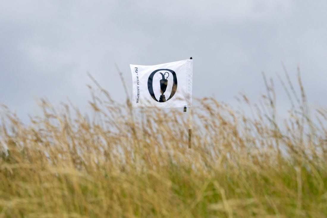 July 17, 2023; Hoylake, ENGLAND, GBR; Detail view of the hole flag on the 15th hole during a practice round of The Open Championship golf tournament at Royal Liverpool. Mandatory Credit: Kyle Terada-USA TODAY Sports