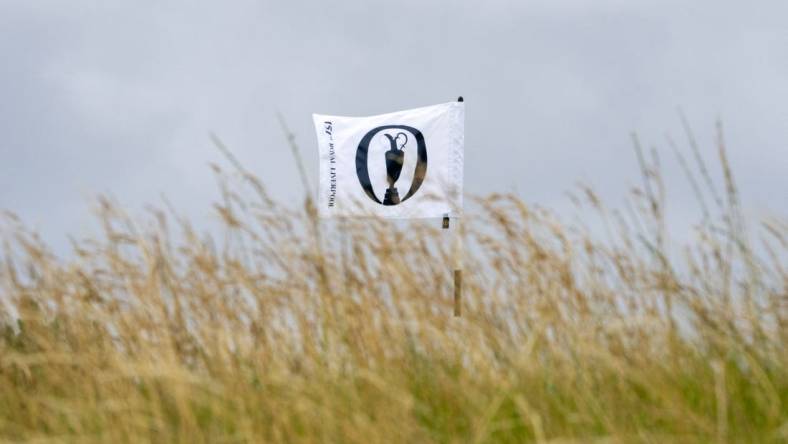 July 17, 2023; Hoylake, ENGLAND, GBR; Detail view of the hole flag on the 15th hole during a practice round of The Open Championship golf tournament at Royal Liverpool. Mandatory Credit: Kyle Terada-USA TODAY Sports