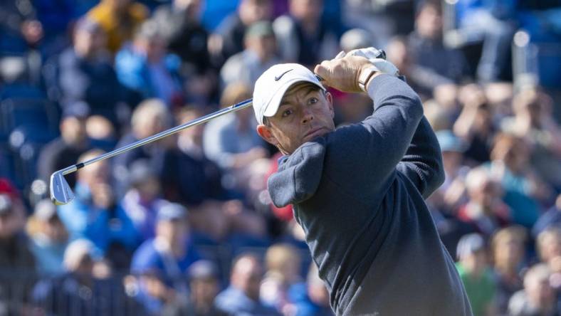 July 17, 2023; Hoylake, ENGLAND, GBR; Rory McIlroy hits his tee shot on the fourth hole during a practice round of The Open Championship golf tournament at Royal Liverpool. Mandatory Credit: Kyle Terada-USA TODAY Sports