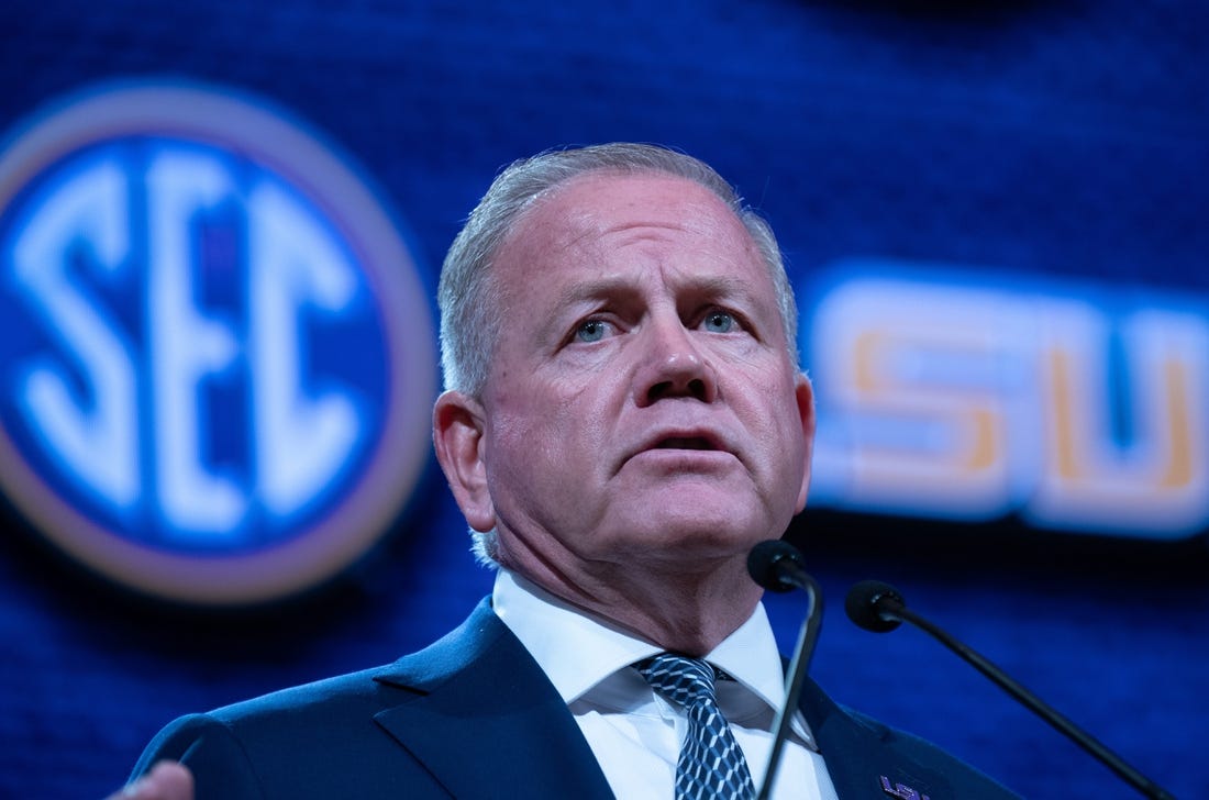 LSU Head Coach Brian Kelly addresses the media at the 2023 SEC Football Kickoff Media Days at the Nashville Grand Hyatt on Broadway, Monday, July 17, 2023.