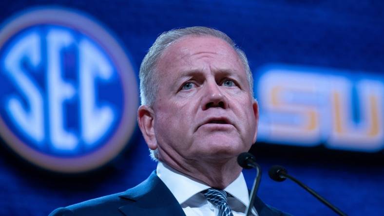 LSU Head Coach Brian Kelly addresses the media at the 2023 SEC Football Kickoff Media Days at the Nashville Grand Hyatt on Broadway, Monday, July 17, 2023.