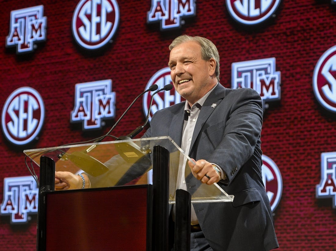 Jul 17, 2023; Nashville, TN, USA; Texas A&M Aggies head coach Jimbo Fisher speaks with the media during SEC Media Days at Grand Hyatt. Mandatory Credit: Steve Roberts-USA TODAY Sports