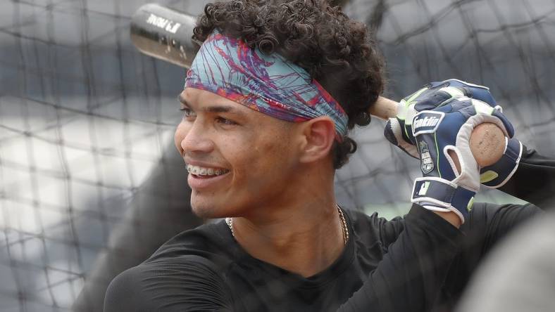 Jul 17, 2023; Pittsburgh, Pennsylvania, USA;  Pittsburgh Pirates catcher Endy Rodriguez (25) takes his turn in the batting cage before the game against the Cleveland Guardians at PNC Park. Mandatory Credit: Charles LeClaire-USA TODAY Sports