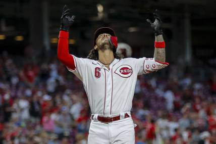 Jul 17, 2023; Cincinnati, Ohio, USA; Cincinnati Reds second baseman Jonathan India (6) reacts after hitting a solo home run in the seventh inning against the San Francisco Giants at Great American Ball Park. Mandatory Credit: Katie Stratman-USA TODAY Sports