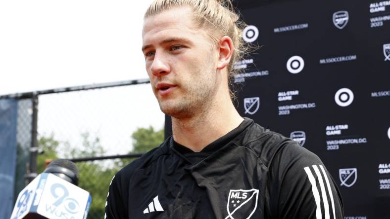 Jul 17, 2023; Washington, D.C., USA; MLS defender Walker Zimmerman (25) of Nashville SC is interviewed during a training session prior to the 2023 MLS All Star Game at American University-Reeves Athletic Complex. Mandatory Credit: Amber Searls-USA TODAY Sports