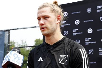 Jul 17, 2023; Washington, D.C., USA; MLS defender Walker Zimmerman (25) of Nashville SC is interviewed during a training session prior to the 2023 MLS All Star Game at American University-Reeves Athletic Complex. Mandatory Credit: Amber Searls-USA TODAY Sports
