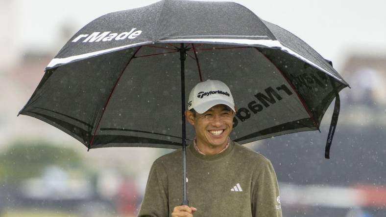 July 18, 2023; Hoylake, ENGLAND, GBR; Collin Morikawa smiles on the 15th hole during a practice round of The Open Championship golf tournament at Royal Liverpool. Mandatory Credit: Kyle Terada-USA TODAY Sports