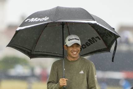 July 18, 2023; Hoylake, ENGLAND, GBR; Collin Morikawa smiles on the 15th hole during a practice round of The Open Championship golf tournament at Royal Liverpool. Mandatory Credit: Kyle Terada-USA TODAY Sports