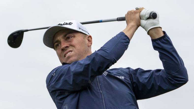 July 18, 2023; Hoylake, ENGLAND, GBR; Justin Thomas hits his tee shot on the fifth hole during a practice round of The Open Championship golf tournament at Royal Liverpool. Mandatory Credit: Kyle Terada-USA TODAY Sports